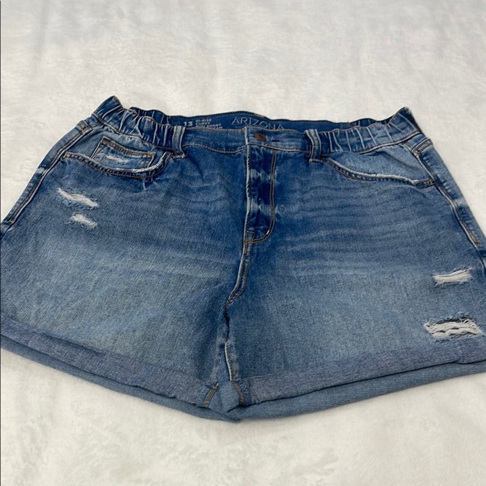 Arizona Jean Company HiRise Curvy Midi Blue Distressed Jean Shorts WOMEN SIZE 13